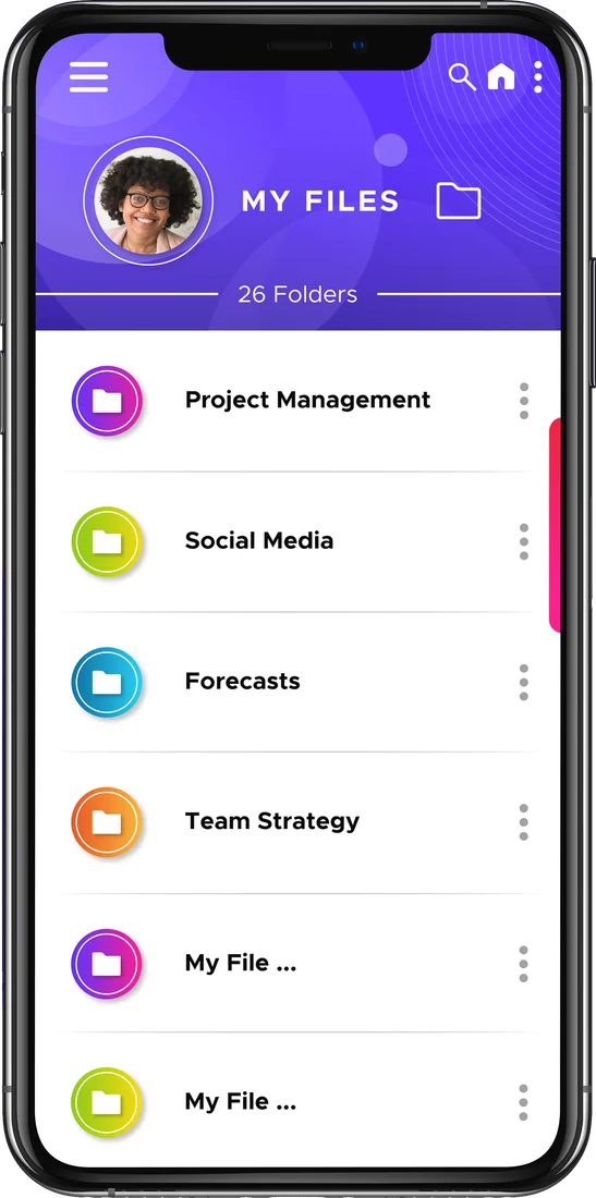 Pocket App My Files screen listing folders including Project Management, Social Media, Forecasts and Team Strategy