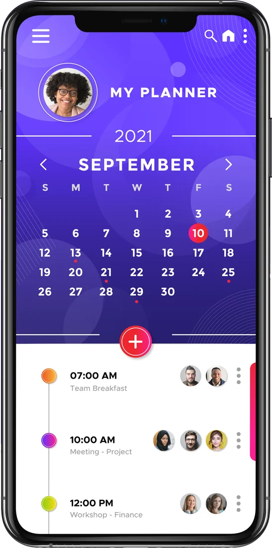 Pocket App My Planner screen showing a monthly calendar and the day's team events: Team Breakfast, a project meeting and a finance workshop